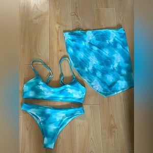 Blue tie dye bikini set with cover up sarong skirt